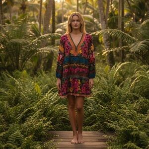 🌺 Farm Rio Floral V-Neck Tiered Dress – NWT Size Large NWT Anthropologie